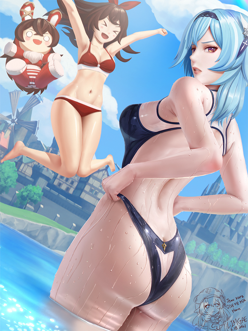 >_<, :d, adjusting_clothes, adjusting_headwear, amber_(genshin_impact), artist_name, ass, ass_focus, baron_bunny_(genshin_impact), bikini, black_hairband, black_headband, blue_hair, blue_sky, breasts, brown_hair, butt_crack, church, closed_eyes, cloud, crossed_bangs, dutch_angle, eula_(genshin_impact), genshin_impact, hair_ornament, hairband, headband, highleg, highleg_swimsuit, jumping, limgae, medium_breasts, medium_hair, navel, o_o, one-piece_swimsuit, open_mouth, pond, red_bikini, red_ribbon, ribbon, sideboob, sky, smile, swimsuit, thighs, village, xd, yellow_eyes