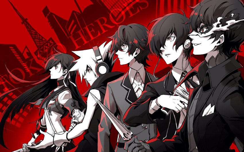 1girl, 4boys, 7th_dragon_(series), 7th_dragon_2020, amamiya_ren, armband, badge, black_hair