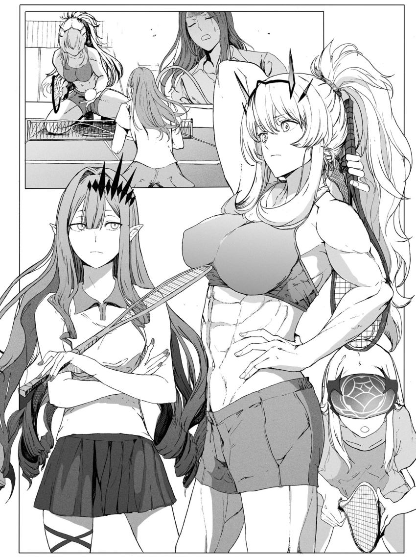 1boy, 3girls, abs, baobhan_sith_(fate), bare_shoulders, barghest_(fate), biceps, blindfold_mask