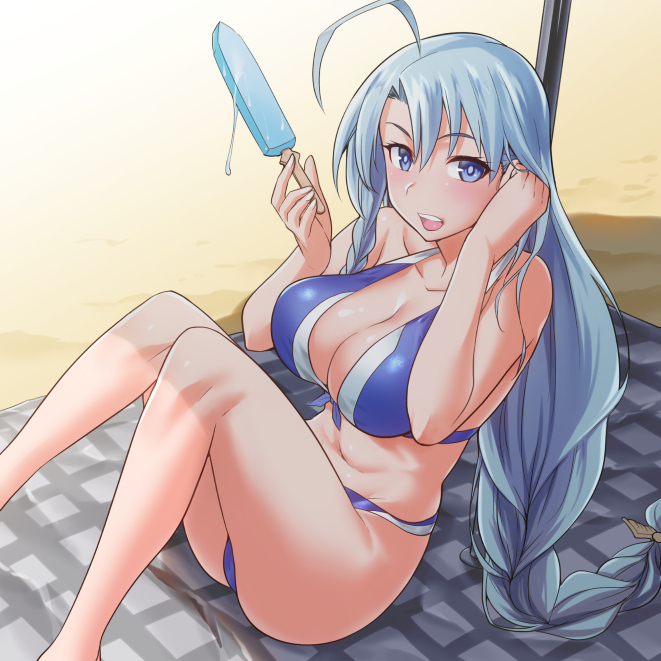 1girl, :d, beach, beach_towel, bikini, blue_bikini, blue_eyes, blue_hair, blush, braid, breasts, cleavage, commentary_request, food, kiasa, large_breasts, long_hair, looking_at_viewer, midriff, navel, open_mouth, popsicle, sentouin_hakenshimasu!, shadow, single_braid, smile, snow_(sentouin_hakenshimasu!), solo, swimsuit, towel, very_long_hair