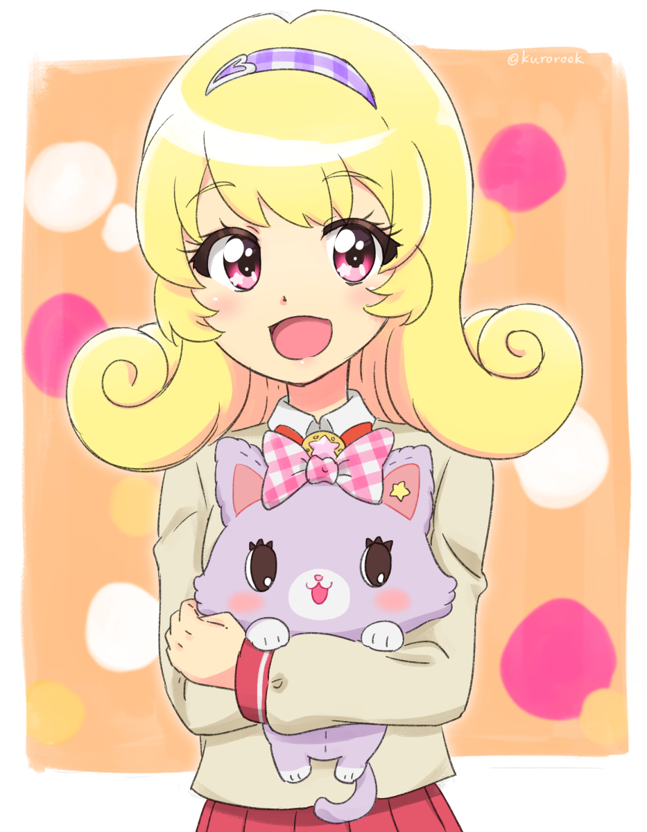 1girl, :d, beige_jacket, blazer, blonde_hair, border, bow, bowtie
