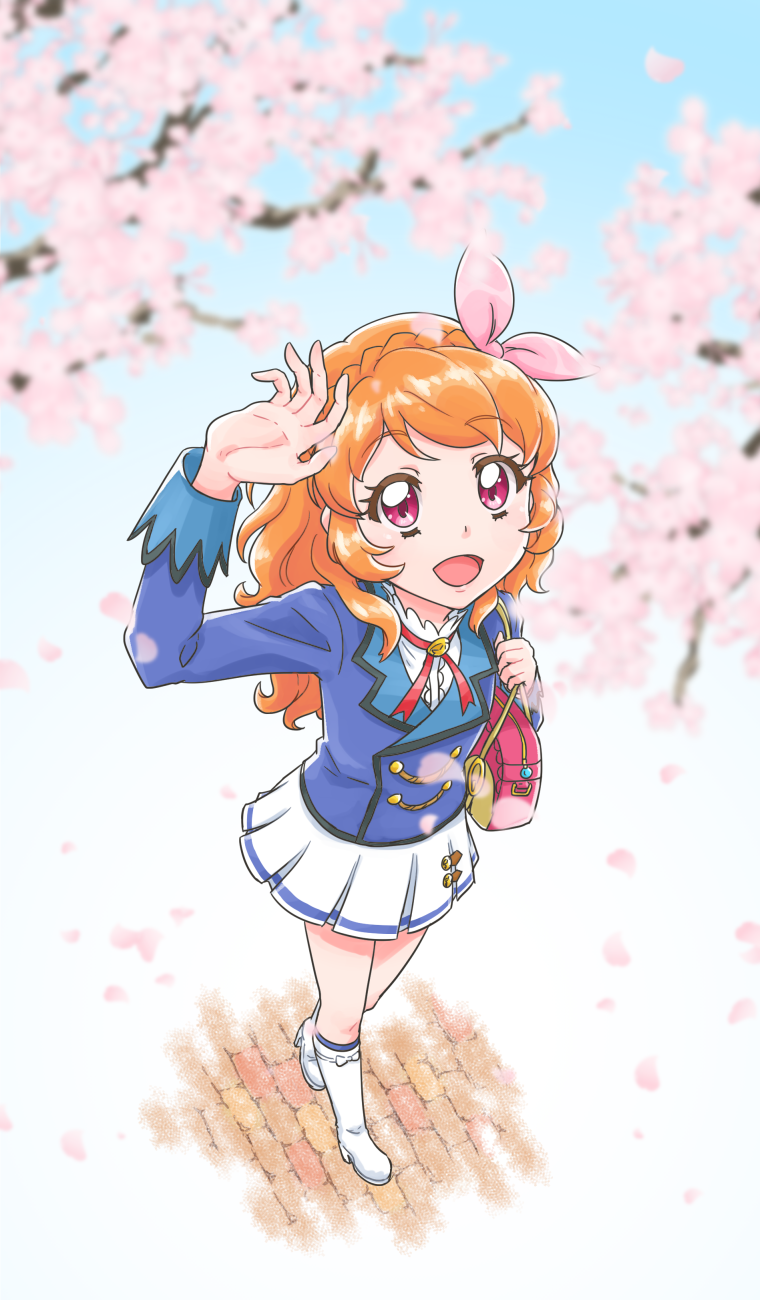 1girl, :d, aikatsu!_(series), arm_up, bag, blue_jacket, blurry, blurry_foreground