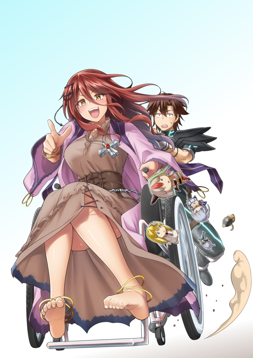 1boy, 1girl, :d, :o, agent_number_six, anklet, armor, blue_background