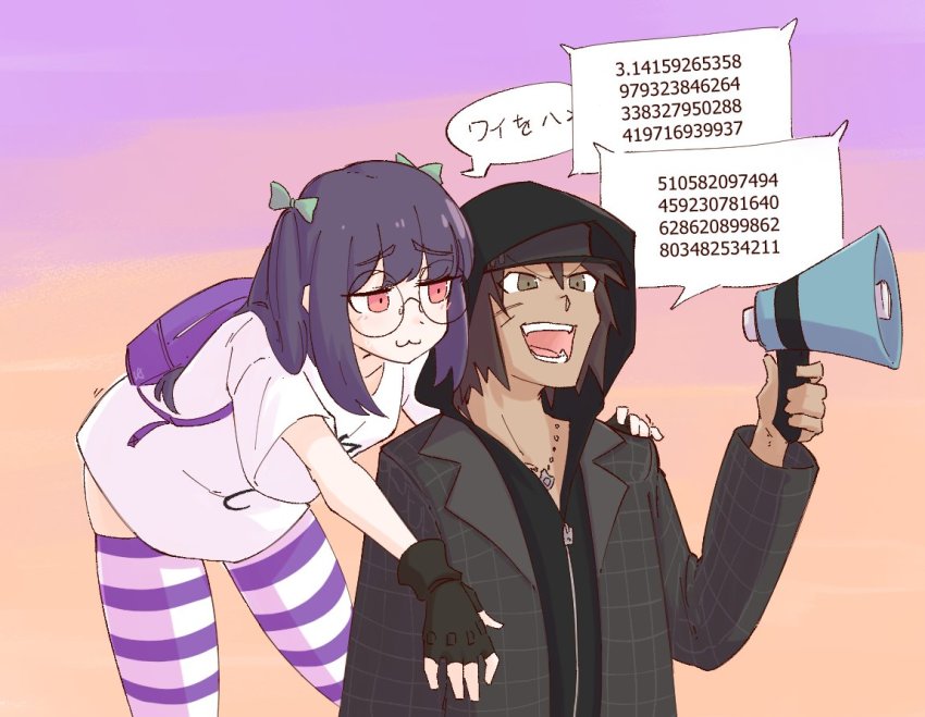 1boy, 1girl, :3, backpack, bag, bent_over, black_gloves, clothes_writing, dark-skinned_male, dark_skin, eyebrows, facial_mark, fangs, fingerless_gloves, glasses, gloves, green_ribbon, hair_ribbon, hand_on_another's_shoulder, holding, holding_megaphone, hood, hood_up, jewelry, liveactors, megaphone, meme, minamimoto_sho, necklace, no_way_fag_(meme), open_mouth, orange_eyes, ribbon, round_eyewear, shin_subarashiki_kono_sekai, shirt, spiked_hair, striped_legwear, subarashiki_kono_sekai, twintails, usui_nagi, whisker_markings, white_shirt, zipper, zipper_pull_tab