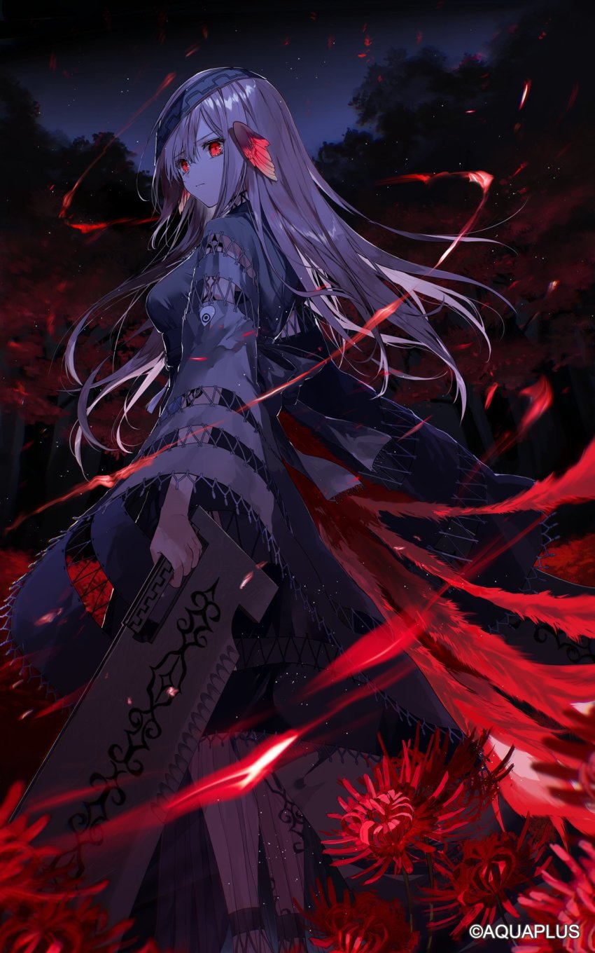 1girl, animal_ears, aquaplus, black_dress, breasts, closed_mouth, curvy, dress