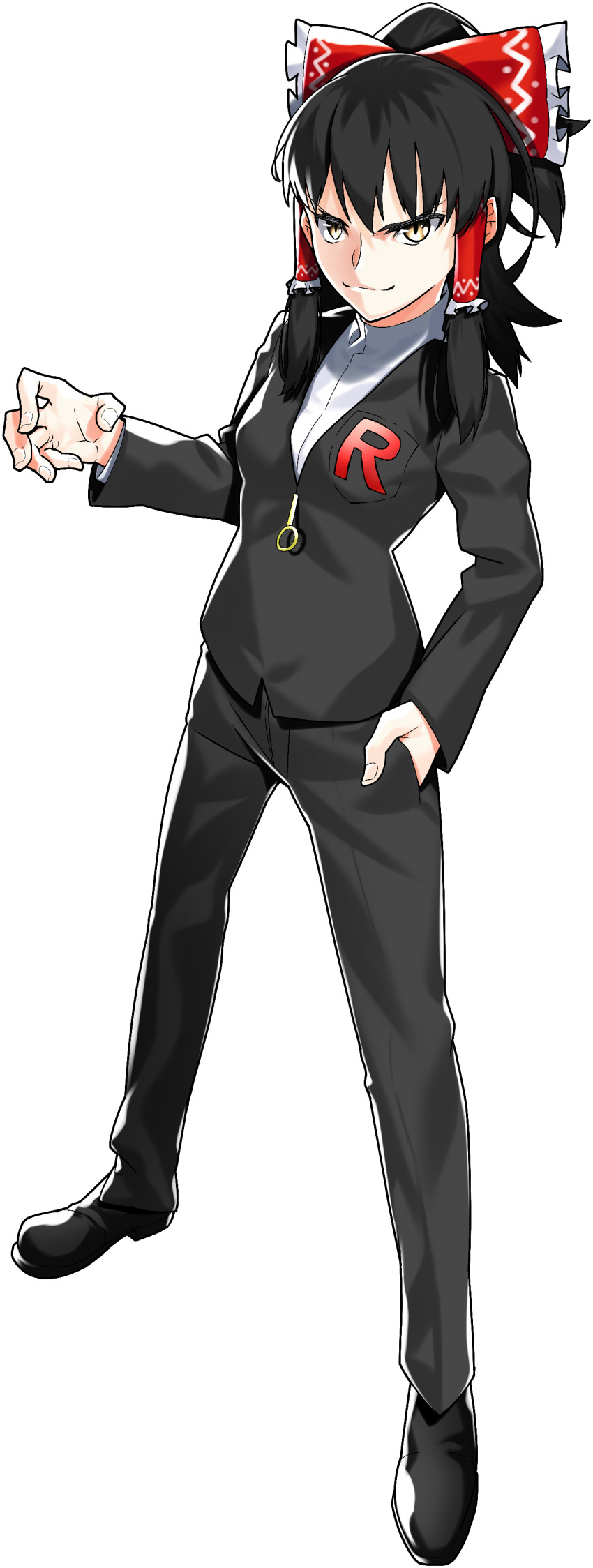 1girl, absurdres, black_hair, black_jacket, black_pants, black_shoes, breasts, closed_mouth