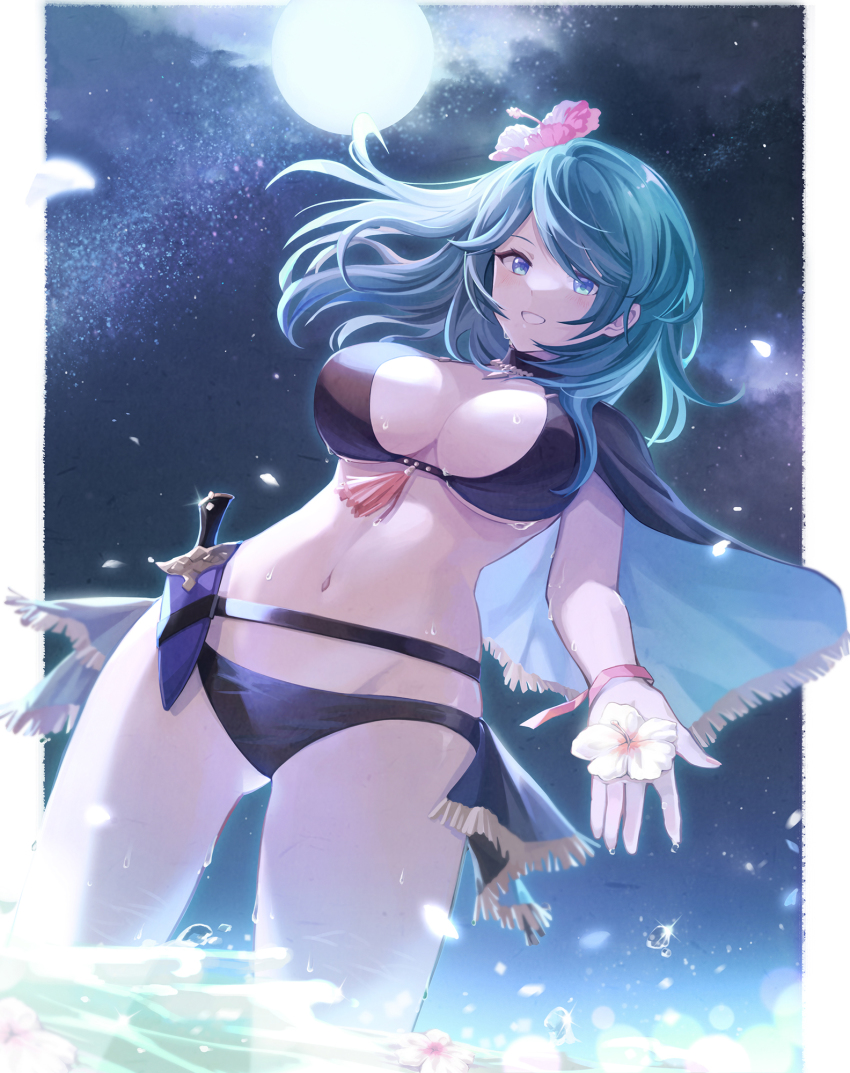 1girl, 23@5, bikini, black_bikini, blue_eyes, blue_hair, breasts, female_byleth_(fire_emblem), female_byleth_(summer)_(fire_emblem), capelet, commentary_request, cowboy_shot, fire_emblem, fire_emblem:_three_houses, fire_emblem_heroes, flower, full_moon, grin, groin, hair_flower, hair_ornament, highres, holding, holding_flower, large_breasts, long_hair, looking_at_viewer, moon, navel, nintendo, official_alternate_costume, reaching, reaching_towards_viewer, smile, solo, standing, stomach, swimsuit, thighs, white_flower