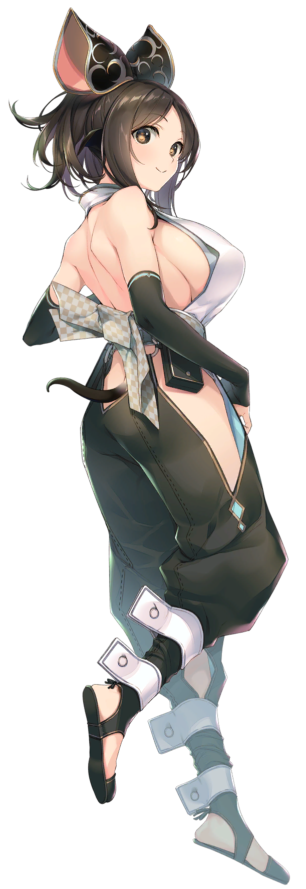 1girl, animal_ears, aquaplus, back, backless_outfit, blush, breasts, brown_eyes, brown_hair, closed_mouth, clothing_cutout, female_focus, from_behind, from_side, full_body, gigantic_breasts, gloves, highres, hip_vent, huge_breasts, leg_up, looking_at_viewer, looking_back, mahomi, medium_hair, muscular, muscular_female, official_art, ponytail, sandals, sideboob, simple_background, sleeveless, smile, solo, tail, tatami_to_hinoki, transparent_background, utawarerumono, utawarerumono:_lost_flag