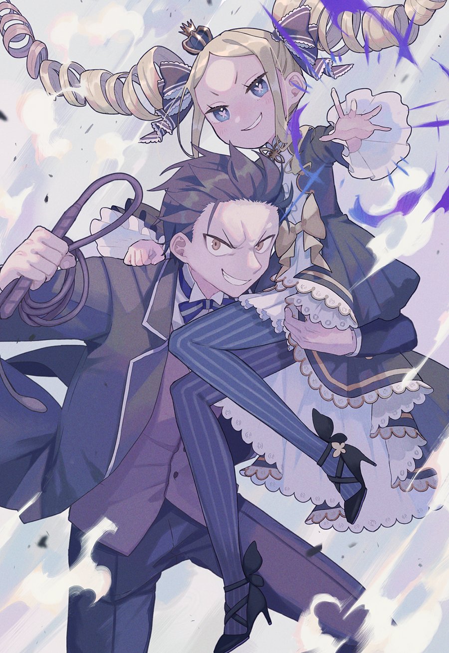 1boy, 1girl, beatrice_(re:zero), black_footwear, black_pants, blonde_hair, blue_eyes, blush