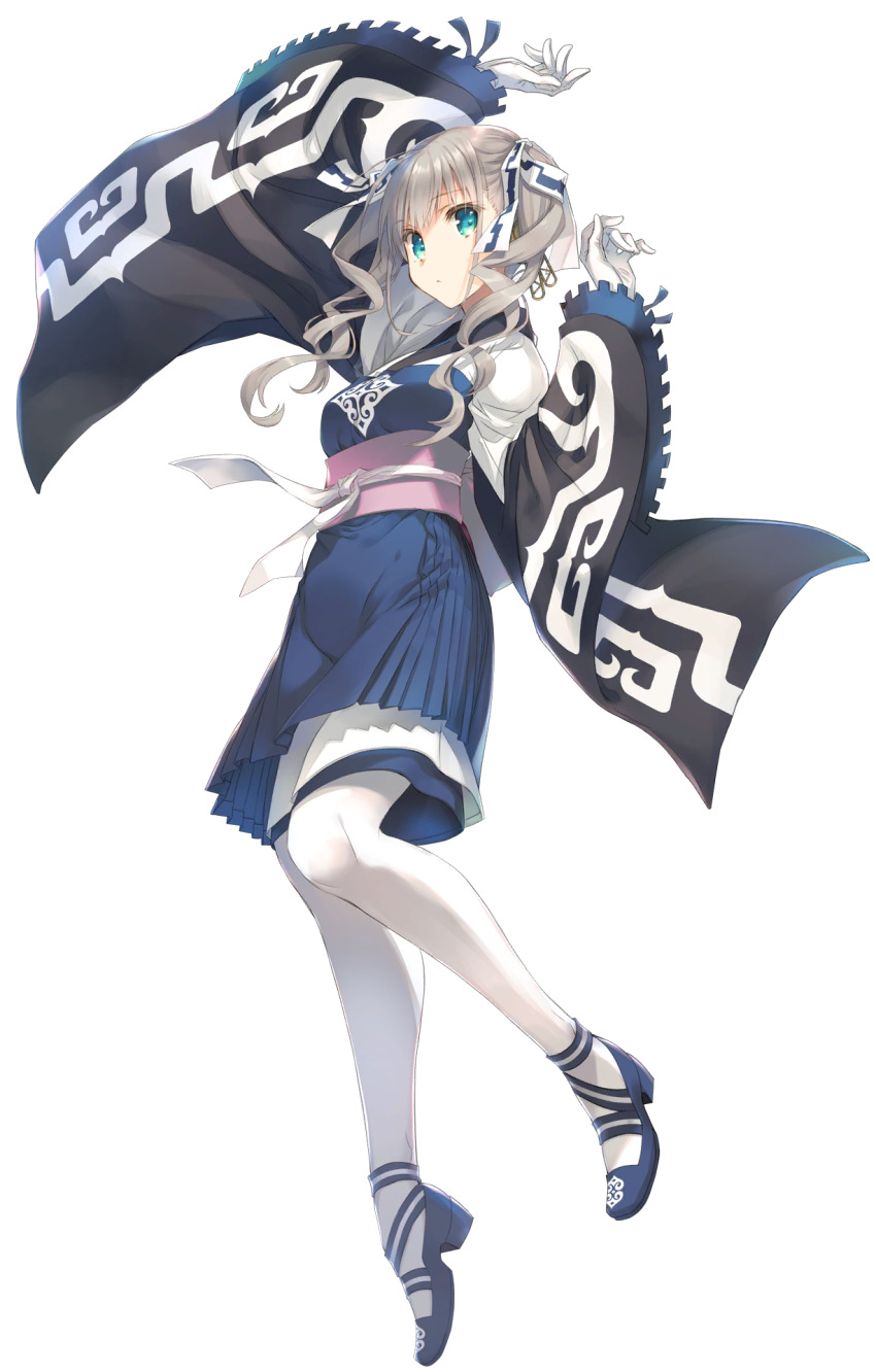 1girl, ainu_clothes, aquaplus, blue_eyes, breasts, curly_hair, female_focus, from_below, full_body, gloves, hair_ribbon, highres, long_hair, long_sleeves, looking_at_viewer, mitsumi_misato, natoriitori, official_art, pantyhose, ribbon, robot, robot_ears, robot_girl, sandals, small_breasts, solo, transparent_background, twintails, utawarerumono, utawarerumono:_lost_flag, white_gloves, white_hair, white_pantyhose