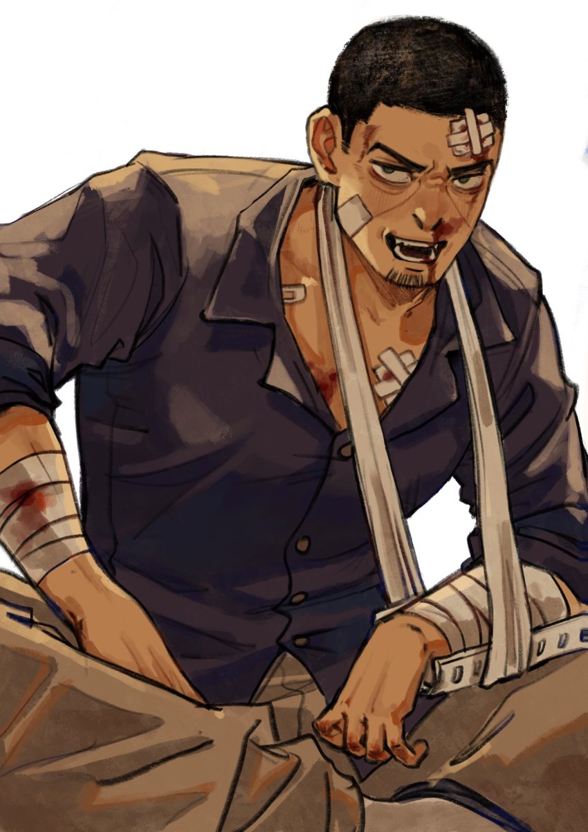 1boy, arm_sling, bandages, bandage_on_face, bandaged_arm, black_eyes, black_hair, blood, blood_on_face, buzz_cut, facial_hair, golden_kamuy, highres, looking_at_viewer, male_focus, open_mouth, short_hair, sitting, solo, stubble, tsukishima_hajime, very_short_hair, zhege_qiongsi_bu_tai_leng