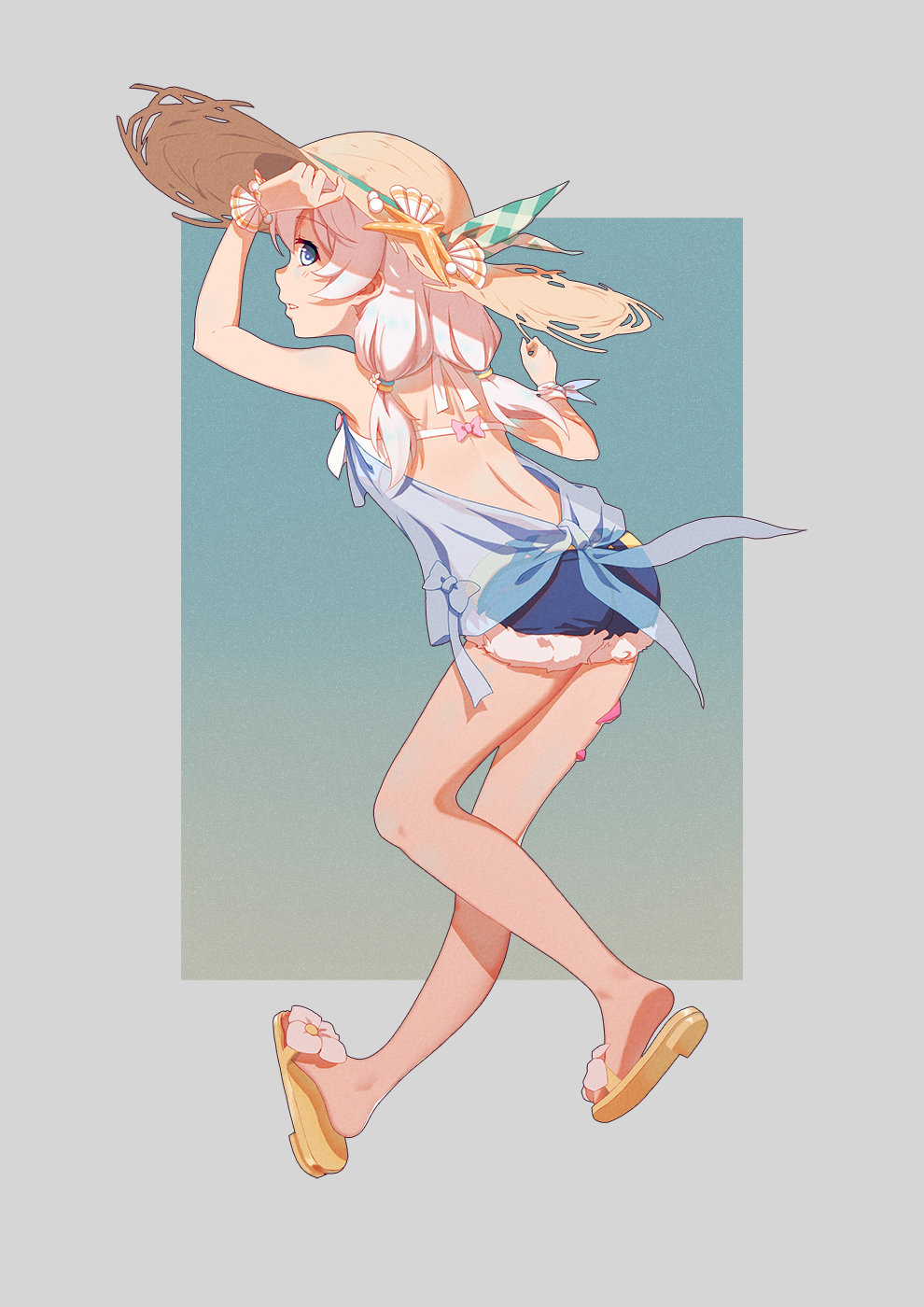 1girl, alternate_costume, blue_eyes, denim, denim_shorts, dress, full_body, grey_background