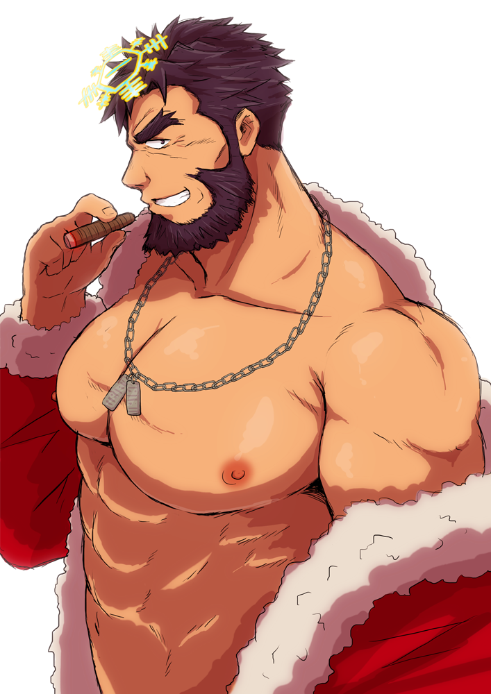1boy, abs, bara, bare_pectorals, beard, cigar, ded_(housamo), dog_tags