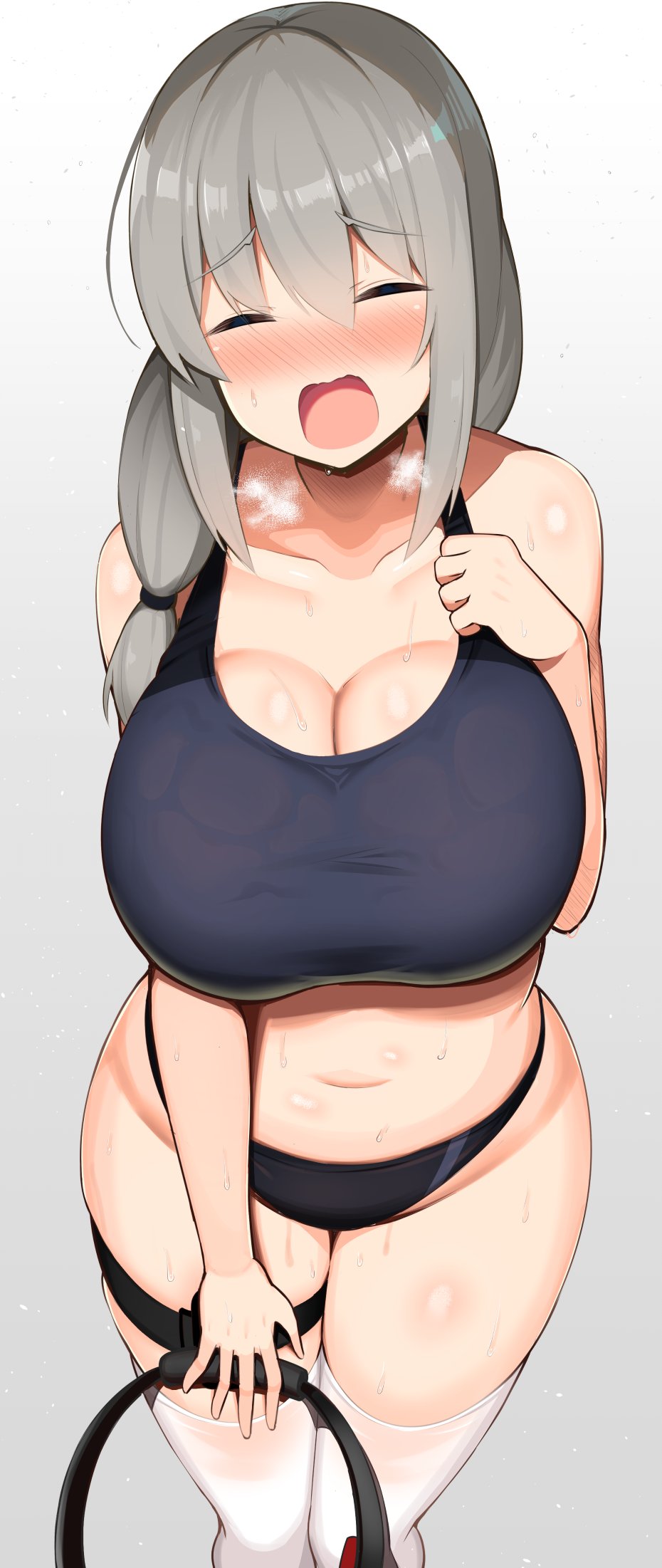 1girl, bare_shoulders, blush, breasts, cleavage, curvy, game_controller, grey_hair