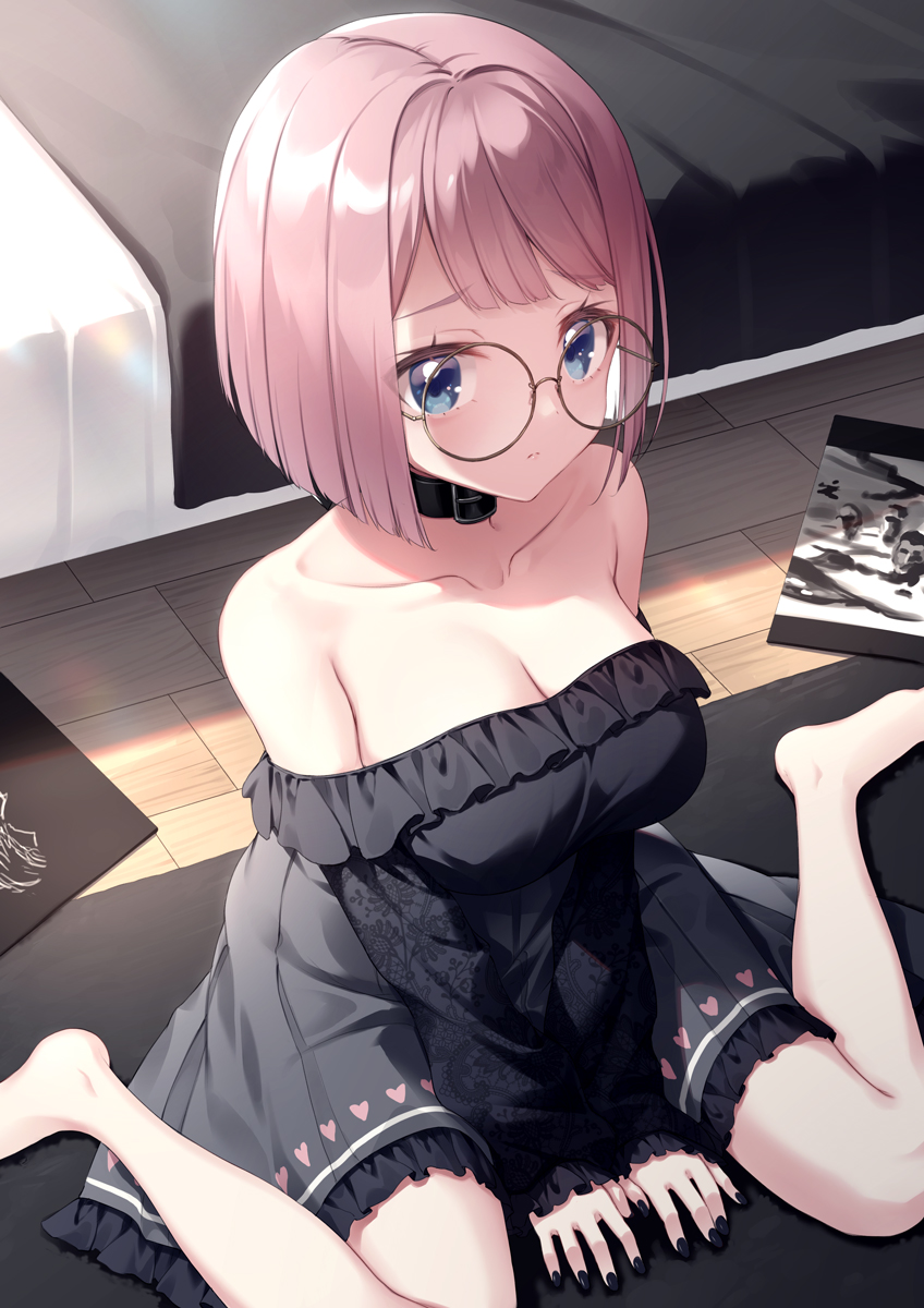 1girl, bare_shoulders, barefoot, bed, between_legs, black_dress, black_nails, blue_eyes