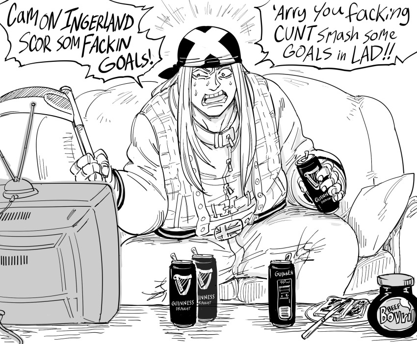 1boy, axl_low, bandana, bb_(baalbuddy), beer_can, bread, bread_slice, can