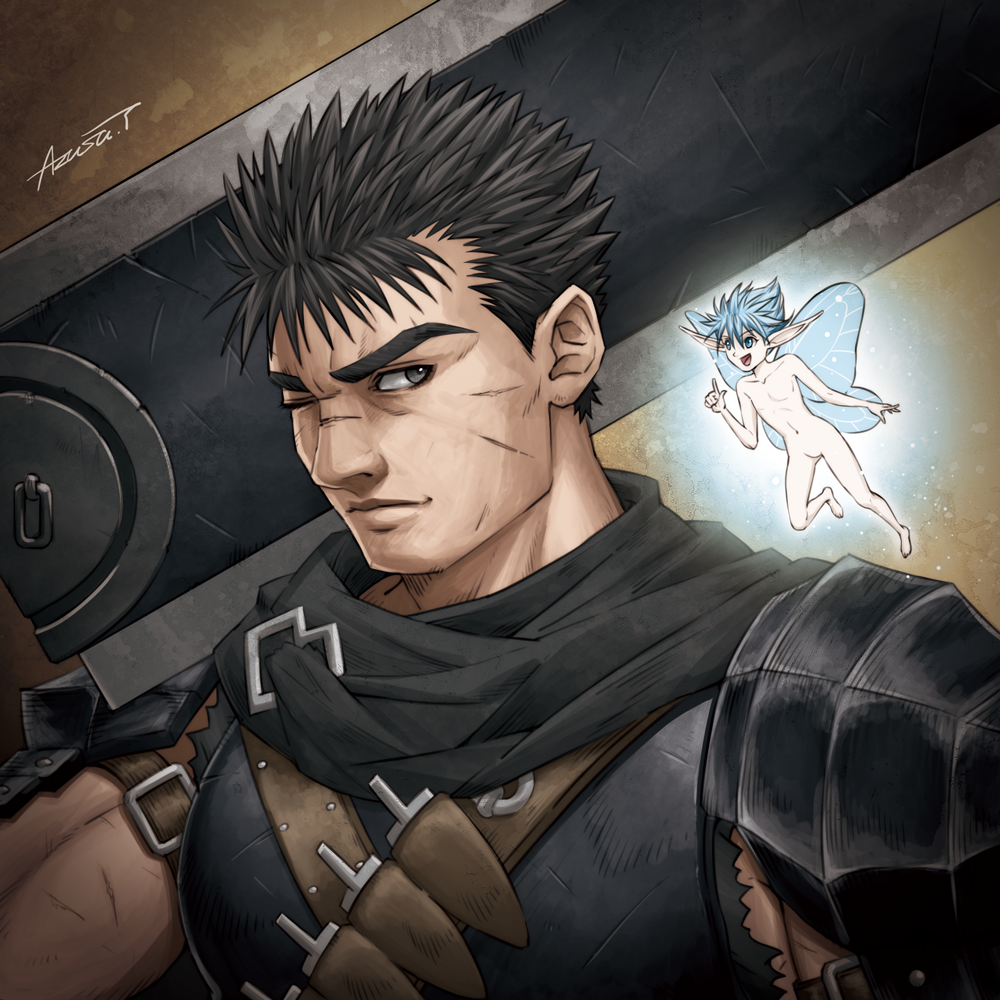 1boy, armor, azusa_tanaka, berserk, black_eyes, black_hair, blue_eyes, blue_hair