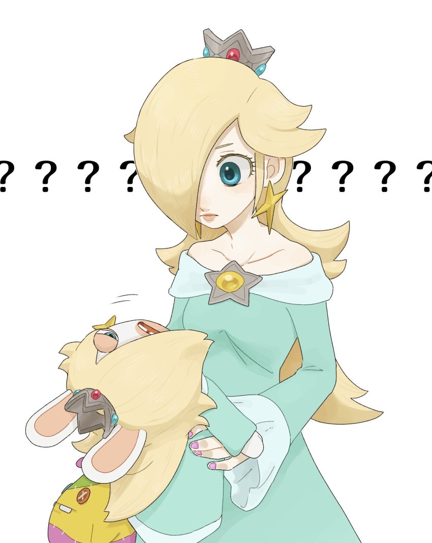 1girl, ?, bare_shoulders, blonde_hair, blue_eyes, buck_teeth, collarbone, crown