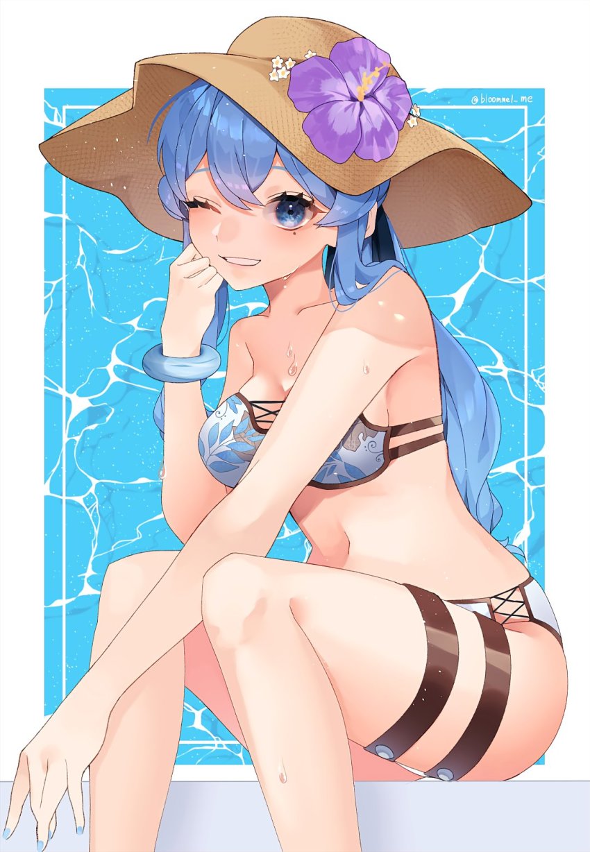 1girl, bikini, blue_bikini, blue_eyes, blue_hair, bracelet, breasts, collarbone