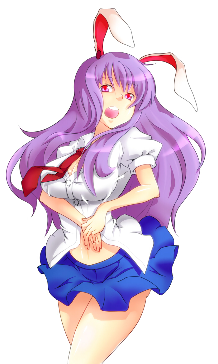1girl, animal_ears, breasts, cleavage, dress_shirt, female_focus, kenoko, long_hair, necktie, purple_hair, rabbit_ears, red_eyes, red_necktie, reisen_udongein_inaba, shirt, skirt, solo, touhou