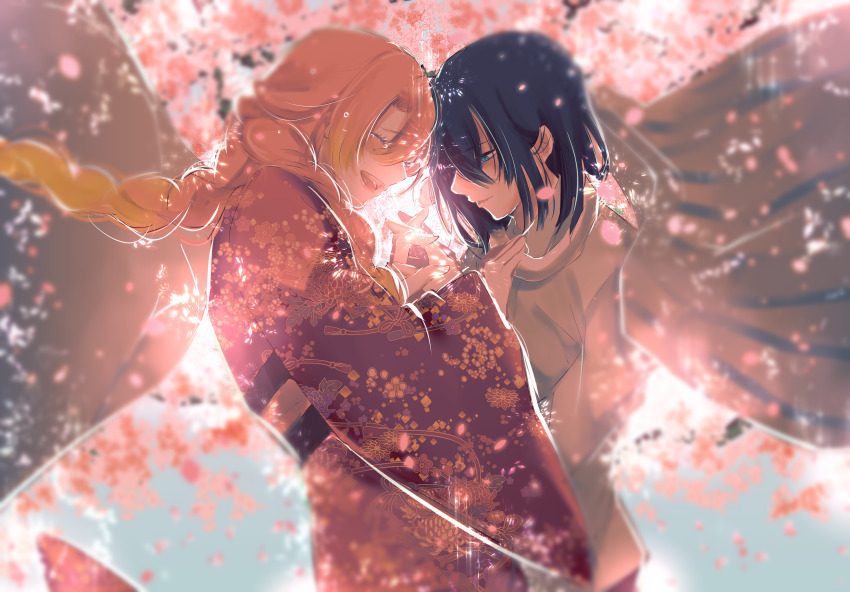 1boy, 1girl, absurdres, black_hair, braid, green_eyes, hair_between_eyes, haori, highres, holding_hands, iguro_obanai, japanese_clothes, kanroji_mitsuri, kimetsu_no_yaiba, lastoder, long_hair, long_sleeves, looking_at_viewer, mole, mole_under_eye, multicolored_hair, open_mouth, pink_hair, pink_theme