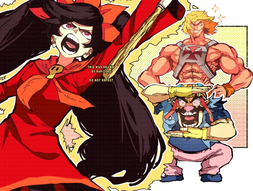 1girl, 2boys, artist_name, ashley_(warioware), black_hair, blonde_hair, bonesaw_(rdkshinku), breasts