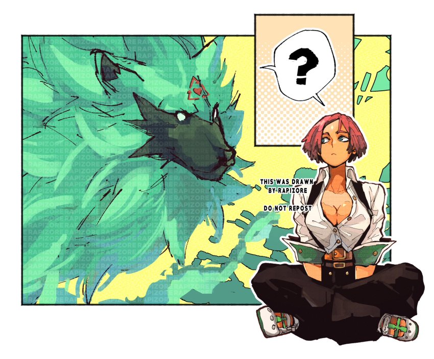 1girl, artist_name, black_legwear, black_pants, bonesaw_(rdkshinku), breasts, cleavage, collared_shirt