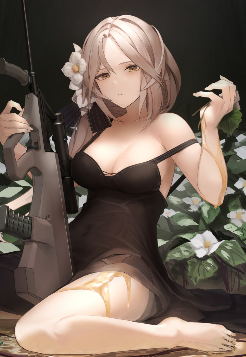 1girl, absurdres, assault_rifle, aug_(girls'_frontline), bad_id, bad_twitter_id, black_dress, breasts