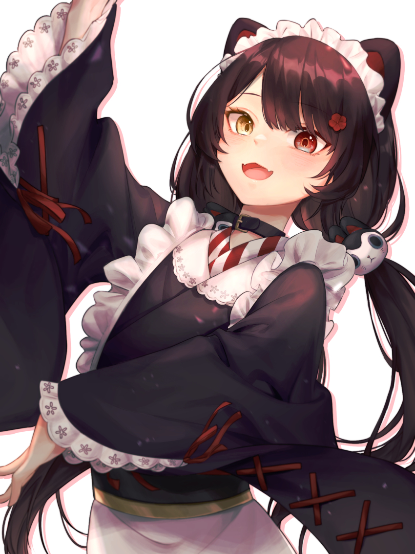 1girl, :3, :d, animal_ears, black_hair, collar, commentary, dog_ears