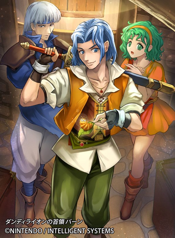1girl, 2boys, blue_hair, fire_emblem, fire_emblem:_thracia_776, fire_emblem_cipher, green_hair, hairband