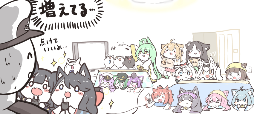 1boy, 6+girls, :3, akashi_(azur_lane), animal, animal_ear_fluff, animal_ears, animal_on_head, arashio_(azur_lane), asashio_(azur_lane), azur_lane, bell, bishamaru_(azur_lane), black_bow, black_hair, black_headwear, blue_bow, blue_hair, bow, box, braid, brown_hair, cat, cat_ears, cat_on_head, chibi, closed_eyes, cross, ears_through_headwear, electric_plug, fusou_(azur_lane), green_hair, hair_bow, hammann_(azur_lane), hat, highres, himajin_(fd_jin), holding, holding_box, i-19_(azur_lane), indoors, iron_cross, kisaragi_(azur_lane), kotatsu, lime_(azur_lane), long_hair, long_sleeves, meowfficer_(azur_lane), michishio_(azur_lane), military_hat, miniskirt, multiple_girls, mutsuki_(azur_lane), on_head, ooshio_(azur_lane), open_mouth, peaked_cap, pink_hair, purple_hair, red_bow, red_eyes, red_hair, red_skirt, skirt, smile, steel_(azur_lane), table, tears, twin_braids, under_kotatsu, under_table, very_long_hair, white_hair, white_headwear, yamashiro_(azur_lane), yellow_eyes, yellow_headwear, yukikaze_(azur_lane)