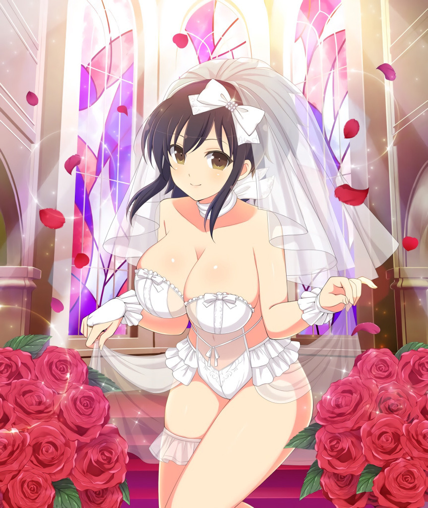 1girl, asuka_(senran_kagura), bare_hips, bare_legs, bare_shoulders, breasts, bridal_bouquet, bridal_gauntlets, bridal_legwear, bridal_lingerie, bridal_veil, bride, cleavage, clothes_lift, dress, flower, hair_ribbon, large_breasts, legs, legs_together, lingerie, looking_at_viewer, petals, ponytail, revealing_clothes, ribbon, rose, senran_kagura, short_hair, skirt, skirt_lift, smile, solo, thick_thighs, thighs, underwear, veil, wedding_dress