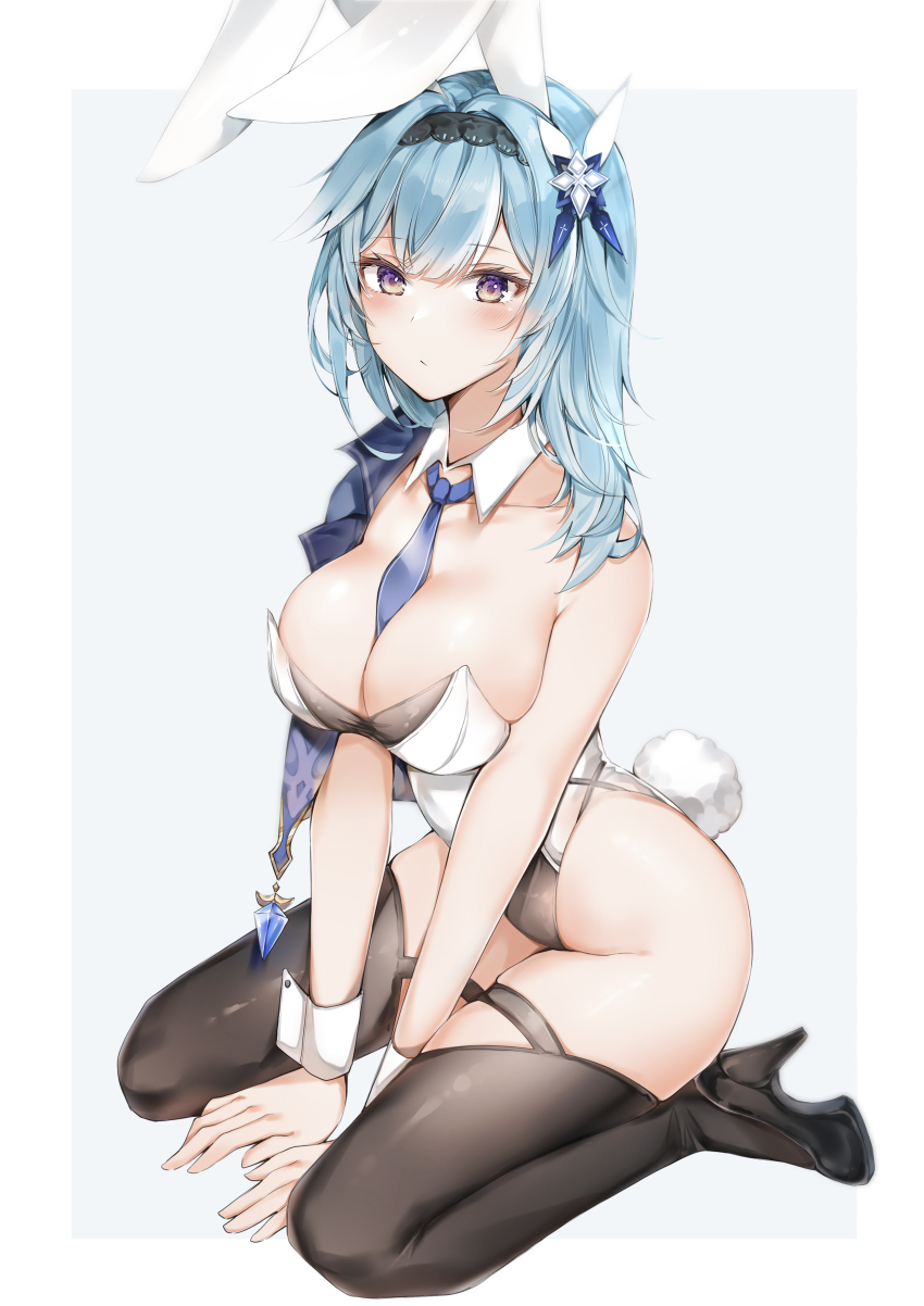 1girl, :o, absurdres, animal_ears, bare_hips, between_breasts, between_legs, black_thighhighs