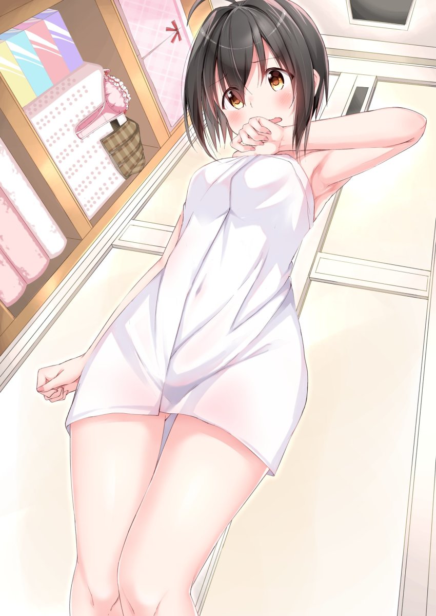 1girl, ahoge, armpits, black_hair, blush, bra, cowboy_shot, frilled_bra