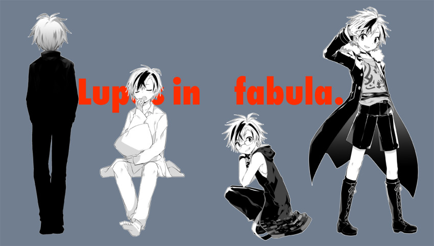 1boy, arm_up, bare_shoulders, barefoot, boots, collared_shirt, facing_away, fang