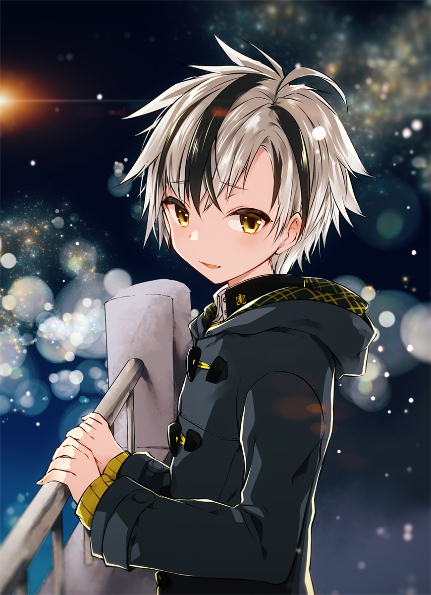 1boy, black_coat, black_hair, black_jacket, blush, brown_eyes, coat, collared_shirt, fang, from_side, gakuran, grey_hair, hair_between_eyes, highres, hood, hood_down, hooded_coat, jacket, kamiyoshi_rika, long_sleeves, looking_at_viewer, looking_to_the_side, male_focus, multicolored_hair, nijisanji, parted_lips, railing, school_uniform, shirt, solo, streaked_hair, suzuki_masaru, suzuki_masaru_(school_uniform), upper_body, virtual_youtuber, white_shirt