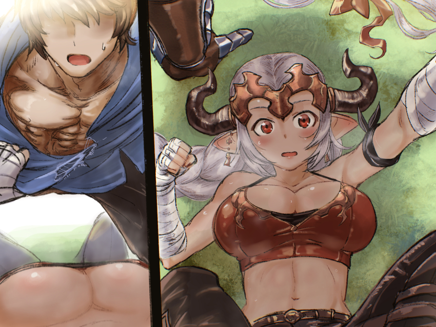 1boy, 1girl, aliza_(granblue_fantasy), black_pants, blue_shirt, blush, breasts, cleavage, commentary_request, draph, embarrassed, gran_(granblue_fantasy), granblue_fantasy, grey_hair, highres, kekeshi_mitsuru, large_breasts, long_hair, muscular, pants, pointy_ears, red_eyes, shirt, straddling, torn_clothes, torn_shirt, wrist_wrap