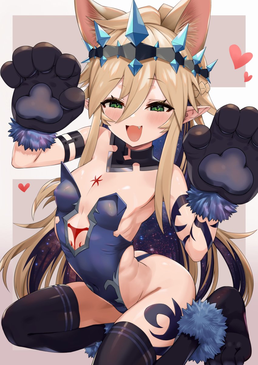 1girl, :d, absurdres, animal_ears, animal_hands, black_gloves, black_thighhighs, blonde_hair