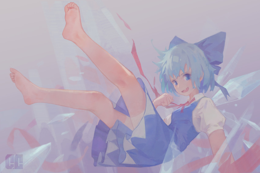 1girl, absurdres, barefoot, blue_bow, blue_dress, blue_hair, bow, cirno