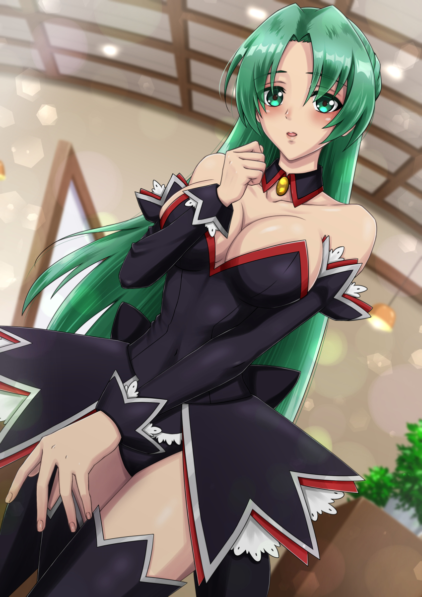 1girl, angel_mort, blurry, blush, bokeh, breasts, cleavage, covered_navel, depth_of_field, detached_collar, detached_sleeves, dutch_angle, green_eyes, highres, higurashi_no_naku_koro_ni, large_breasts, long_hair, shelty, solo, sonozaki_shion, thighhighs, thighs, waitress