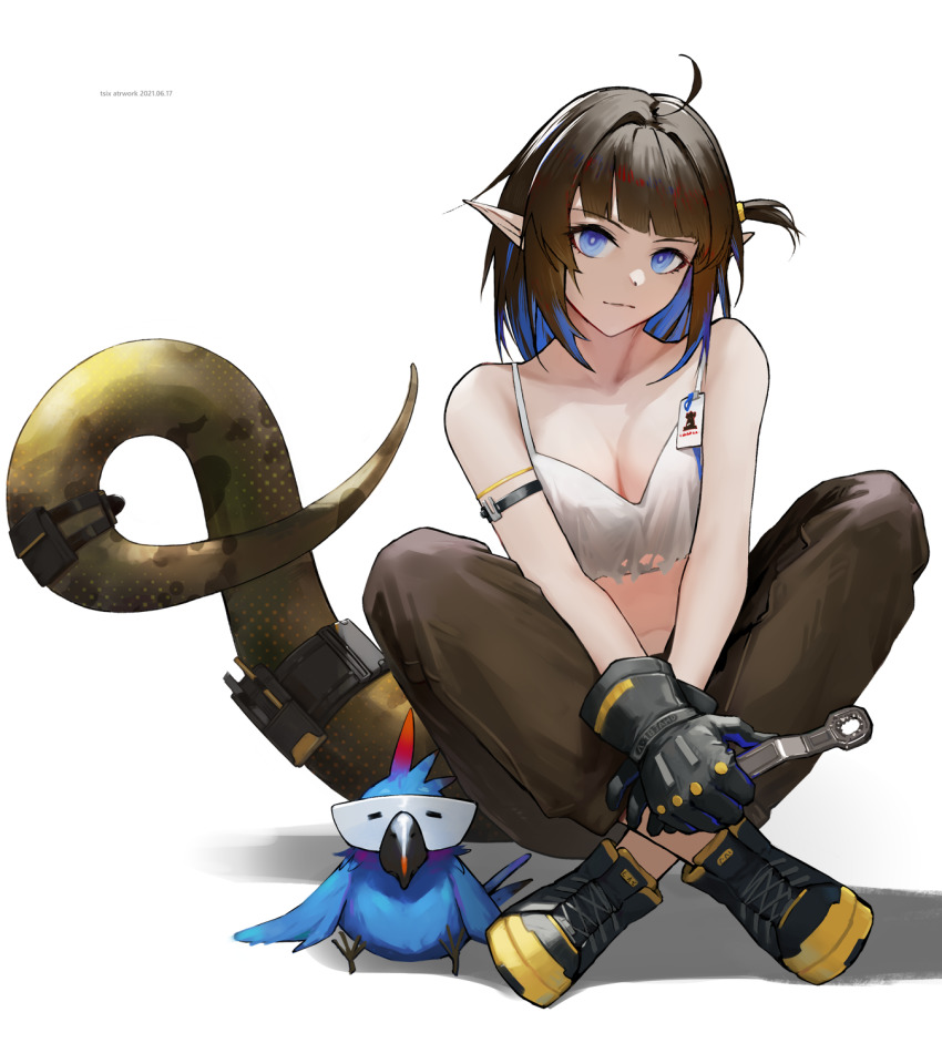 1girl, ahoge, arknights, armband, artist_name, bare_arms, bare_shoulders, bird