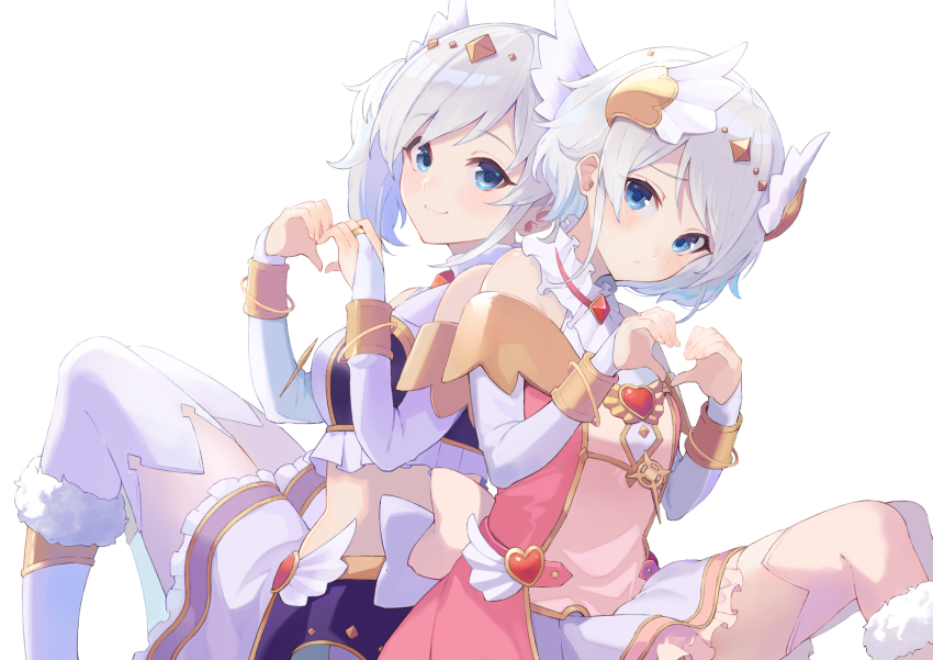 2girls, akari_(angel)_(princess_connect!), akari_(princess_connect!), blue_eyes, breasts, hair_ornament, highres, horns