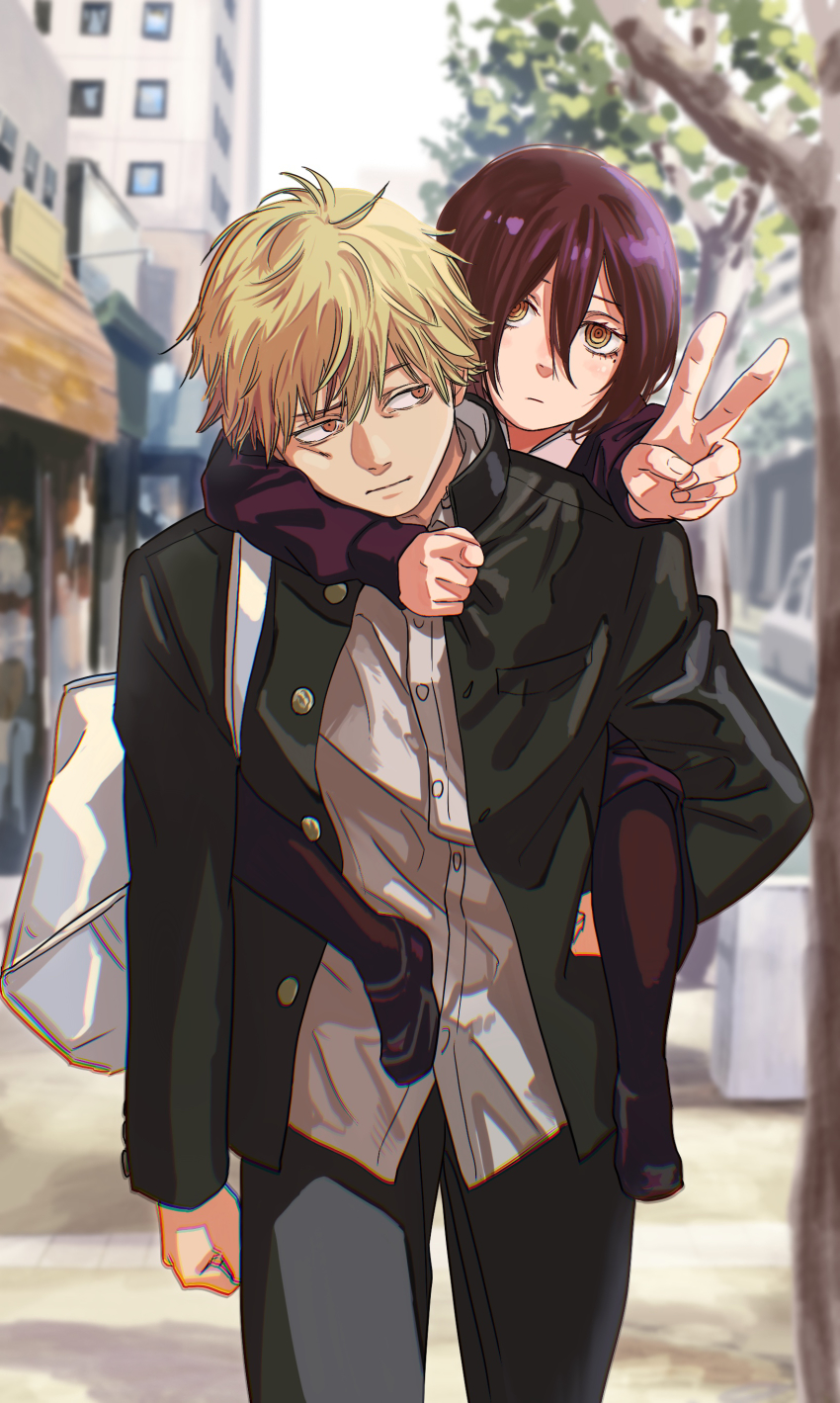 1boy, 1girl, absurdres, backpack, bag, black_hair, black_jacket, black_pants, black_pantyhose, blonde_hair, carrying, chainsaw_man, city, closed_mouth, denji_(chainsaw_man), gakuran, hair_between_eyes, highres, jacket, long_sleeves, looking_at_viewer, looking_back, nayuta_(chainsaw_man), pants, pantyhose, piggyback, sawada2, school_uniform, shirt, short_hair, v, white_shirt, yellow_eyes