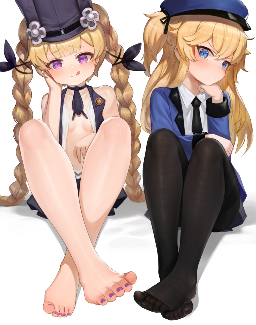 2girls, bad_id, bad_pixiv_id, barefoot, blonde_hair, blouse, blue_eyes, blunt_bangs, blush, braid, collared_shirt, dokomon, feet, girls'_frontline, hair_between_eyes, hat, highres, licking_lips, long_hair, looking_at_viewer, multiple_girls, nail_polish, necktie, pantyhose, peaked_cap, purple_eyes, shirt, simple_background, sr-3mp_(girls'_frontline), super-shorty_(girls'_frontline), toenail_polish, toenails, toes, tongue, tongue_out, twin_braids, twintails, very_long_hair, white_background, white_shirt