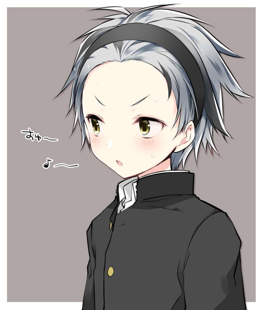 1boy, black_hair, black_hairband, black_jacket, blush, brown_eyes, collared_shirt, eighth_note