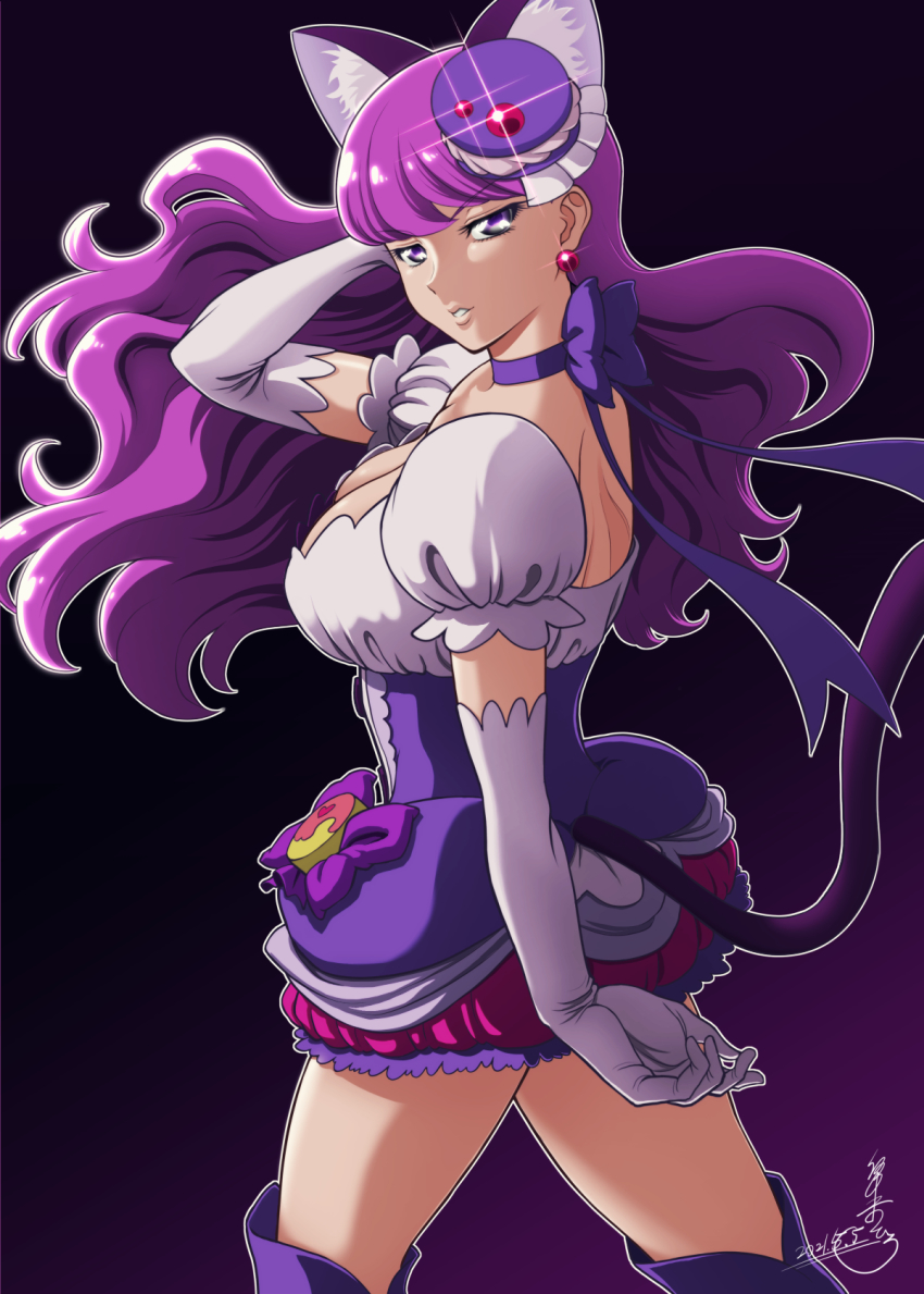 1girl, animal_ears, arm_behind_head, black_background, cat, cat_ears, cat_tail, choker