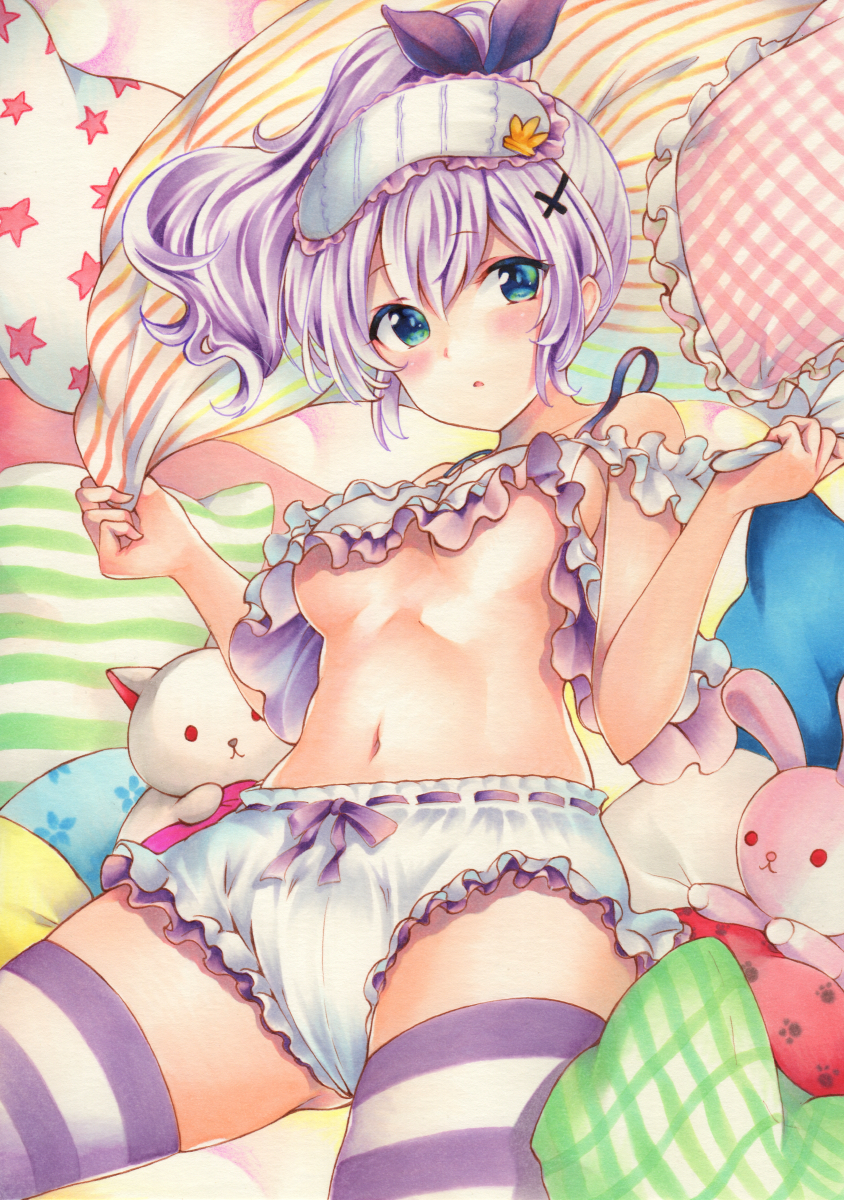 1girl, azur_lane, blue_eyes, blush, breasts, cushion, hair_ornament, hair_ribbon