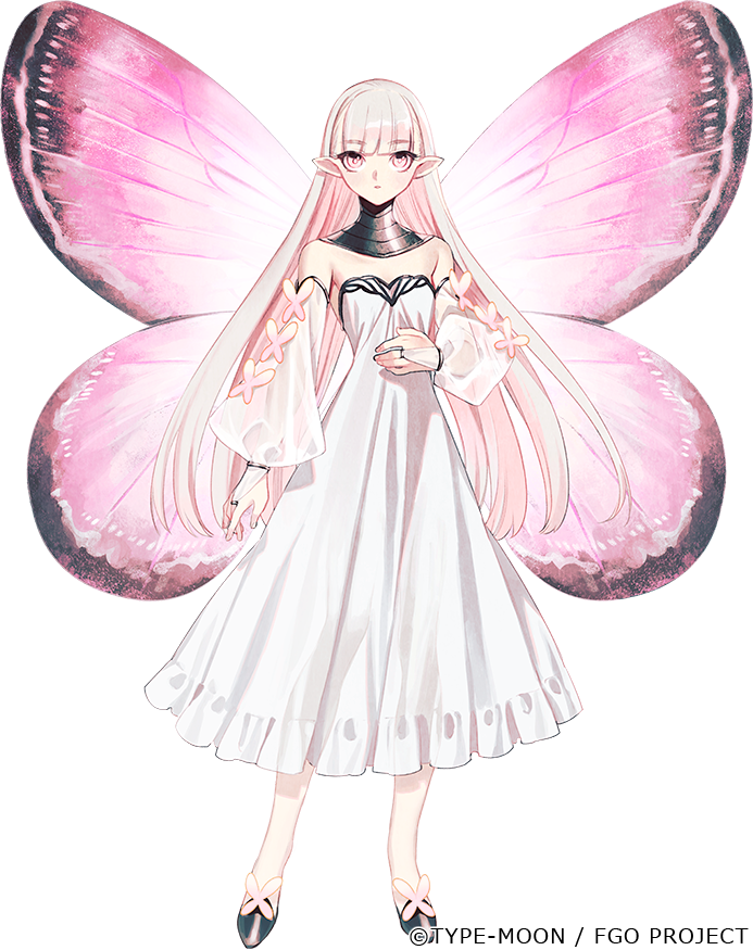 1girl, bare_shoulders, blonde_hair, breasts, butterfly_wings, coral_(fate), detached_sleeves, dress
