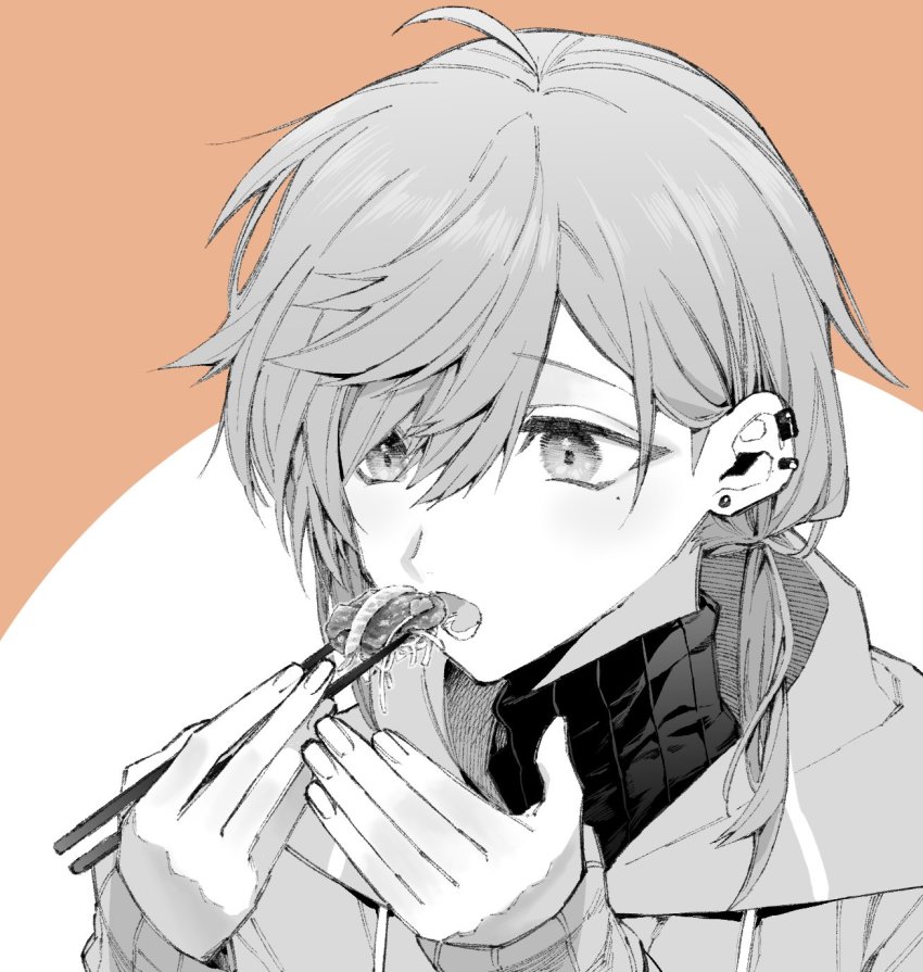 1boy, ahoge, chopsticks, ear_piercing, eating, food, greyscale, hair_between_eyes