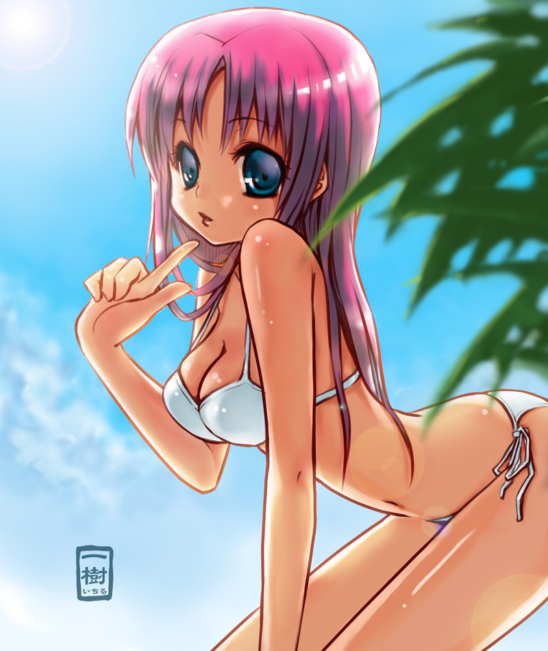 1girl, bad_id, bad_pixiv_id, bent_over, bikini, blue_eyes, breasts, day
